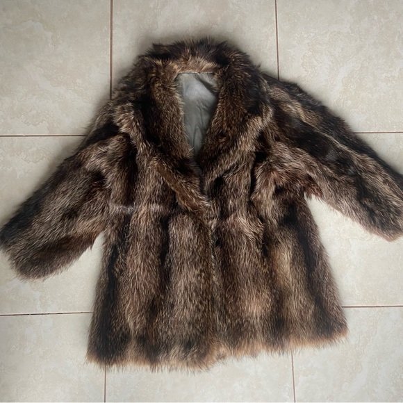 Vintage Real fur jacket coat brown & beige w/ liner petite medium large women’s - Picture 6 of 17